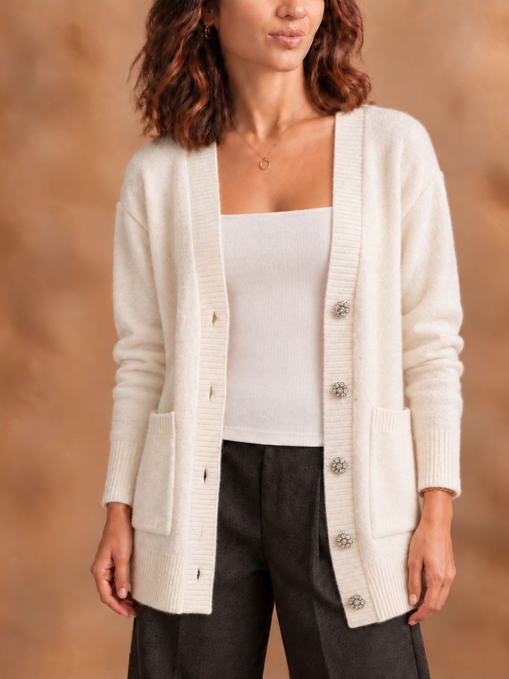 Ann Taylor Cream Button-Front Cardigan with Jewel Buttons